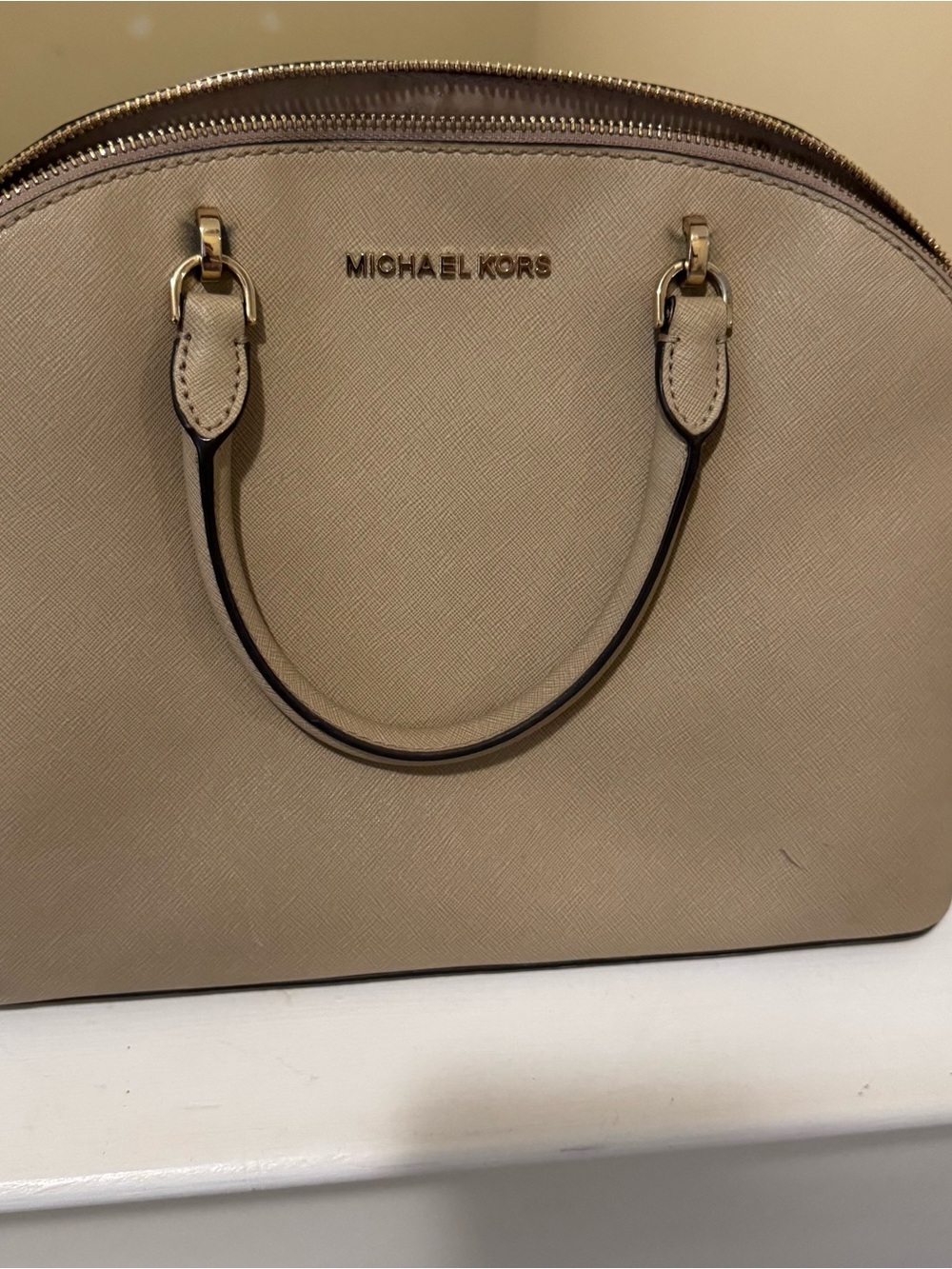Michael Kors Taupe Saffiano Dome Satchel with Gold Hardware